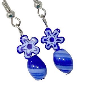 Murano Style Cobalt Blue Art Glass Bead Flower Earrings Silver Tone Dangle Swirl